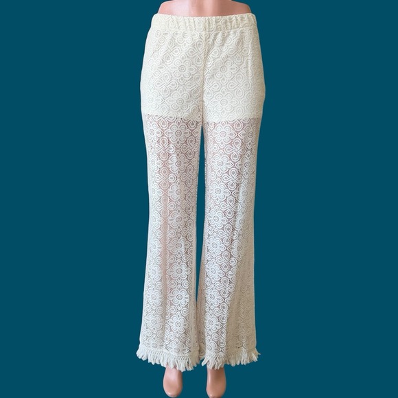 Divided Pants - Crochet Lace Wide-Leg Pants‎ MED Fringe Hem Boho Festival Woodstock Palazzo NWT